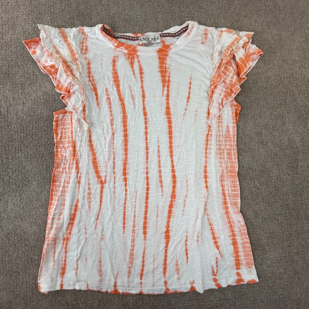 Knox Rose T Shirt Women Small Orange White Tie Dye Ruffle Cap Sleeve Lace Detail